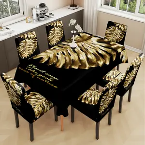 2/5/7PCS dining table cloth chair cover, gold brown paulownia leaf printed table and chair protective cover, elastic polyester fiber sliding cover, dirt resistant, detachable and washable, suitable for home, office, hotel chair decoration
