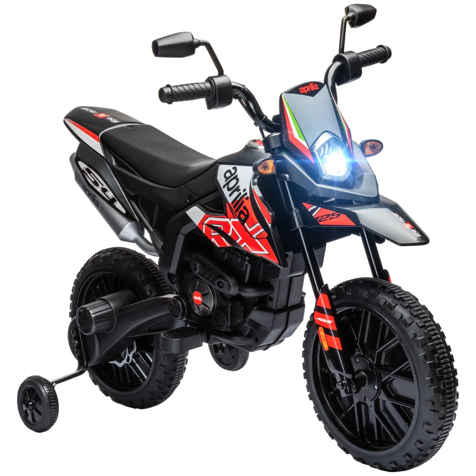 12V Licensed Aprilia Electric Dirt Bike for Kids - Plastic Ride-on Toy with Training Wheels, Spring Suspension, LED Lights, USB Charge, Authentic Branding and Style, Battery-Powered Gift (Red)
