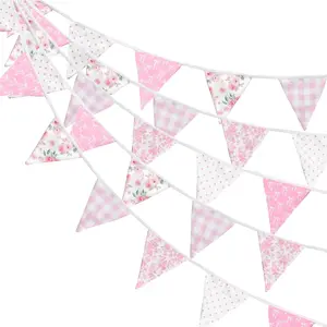 Hahafelt 32ft Pink Bow Triangle Bunting Banner Floral Baby Shower Banners 36 Pcs Cotton Fabric Gingham Flags Pennant Garlands Pink White for Birthday Party Wedding Baby Shower Outdoor Home Decorations