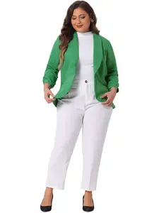 Agnes Orinda Plus Size Blazer for Women 3/4 Ruched Sleeve Open Front Lightweight Work Office Suit Jacket