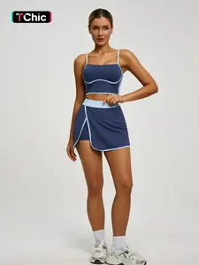 Women's Tennis Set with Built-In Bra Pad Short Top & Sports Skirt with Pockets, Contrast Binding Design Sportswear, Workout Set, Workout Running Outfits