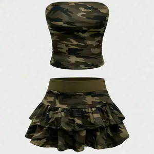 Camouflage Grunge Punk 2pcs/Set Y2K Camo Print Cropped Tube Top And Super Mini Skirt