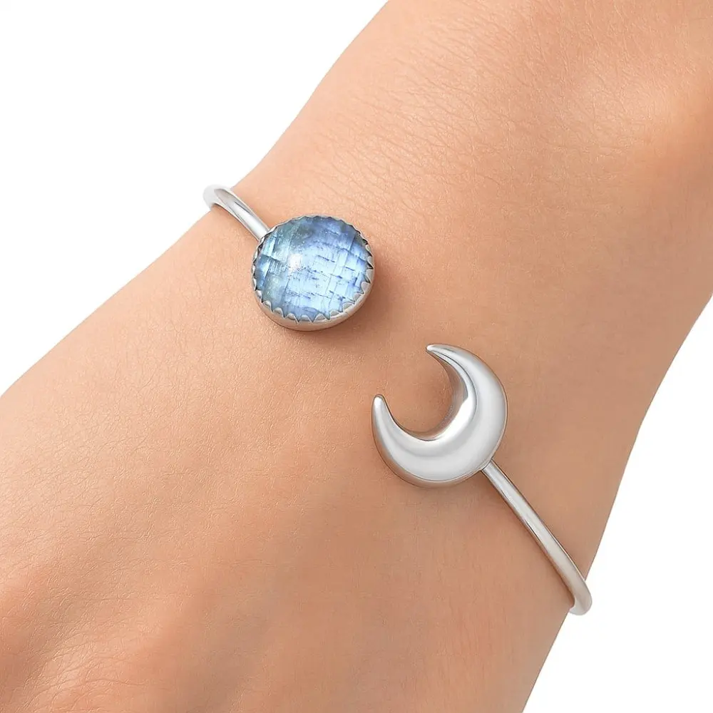 Premium Crescent Moon - Rainbow Moonstone Cuff Bangle Bracelet B-1046 26-EB10129