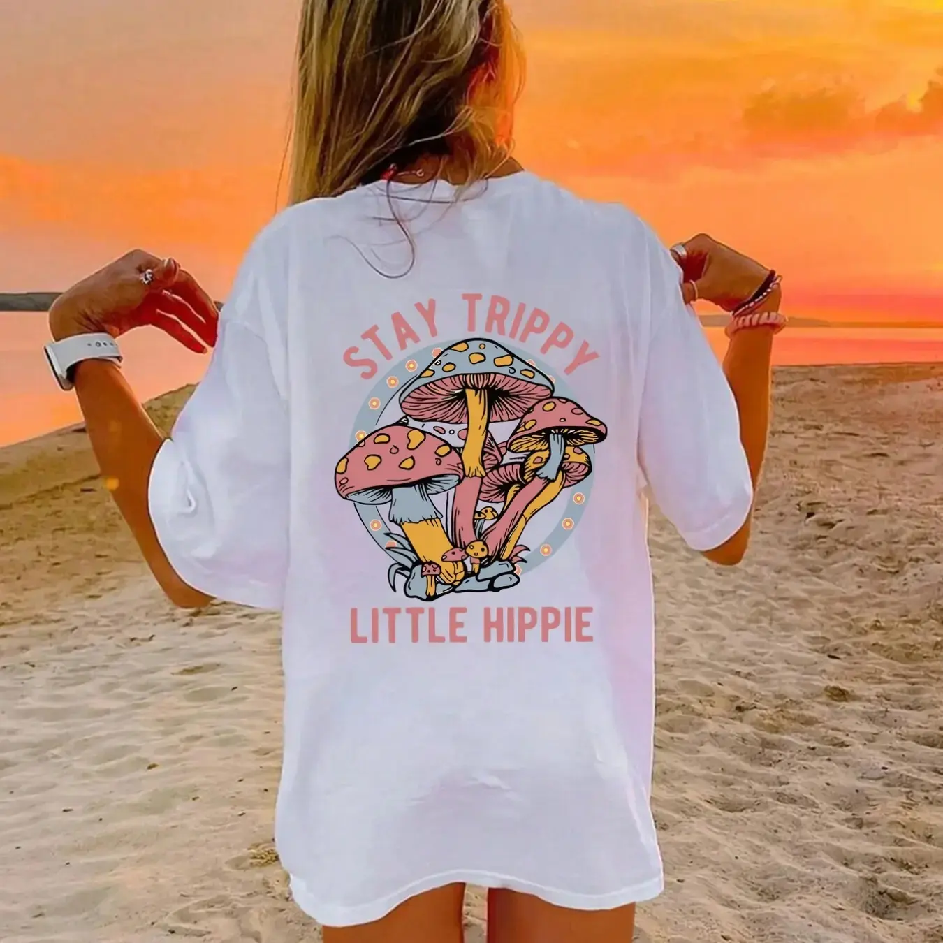 Mushroom Pattern Trippy Style Print Tshirt |   Short Sleeve Crew Neck Casual Top for Wo, Spring and Summer Trendy Choice