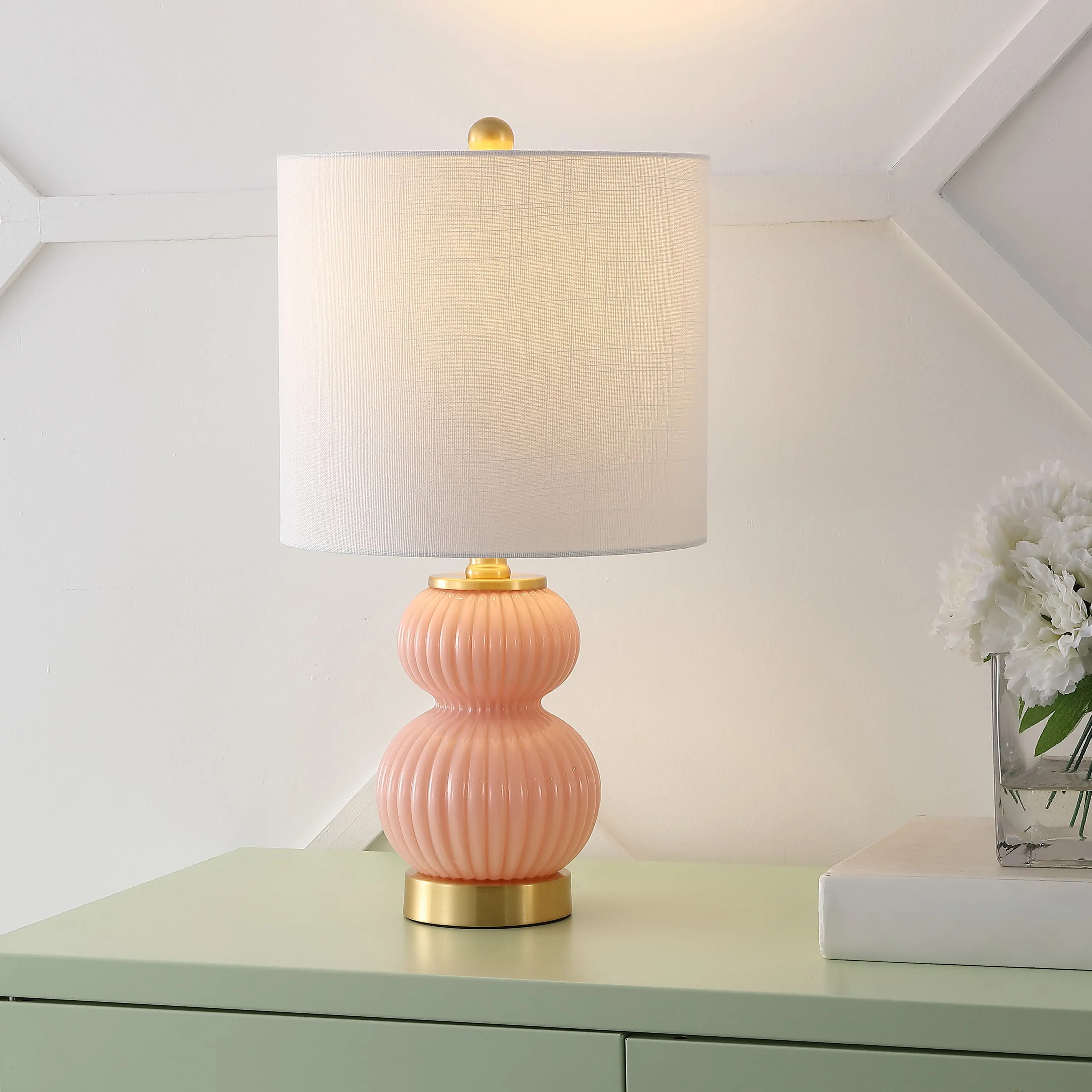 JONATHAN Y Daphne Ribbed Metal Glass LED Table Lamp 20" High Modern Night Lights Elegant Lighting Decorative Light for Bedroom Living Room