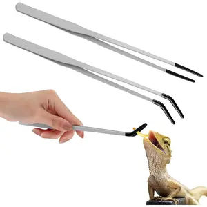 2 Pcs Extra Long Stainless Steel Reptile Feeding Tongs with Rubber Tip 10 Inch, 10.5 Inch Bearded Dragon Aquarium Straight and Curved Long Tweezer Terrarium Feeder Tool for Tank