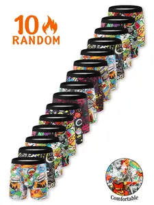 Men's Boxer Briefs Set, 10 - pack with random colorful cartoon prints, comfortable and soft shorts, casual daily underwear, suitable for swimming/diving/running and exercising moments