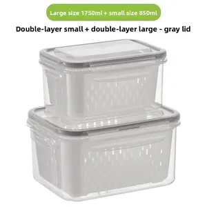 Double-layer thickened storage box with drain basket, fruit and vegetable draining box, refrigerator refrigeration storage box, set of 6 Reusable Stackable Containers