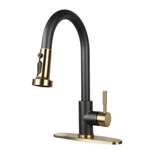 WOWOW Vintage Stainless Steel Kitchen Faucet, Single Handle Pull-Down 3-Mode Faucet Sprayer Attachment, Durable Steel Construction, Leak-Proof Design, Includes Deck Plate (Black and Gold)
