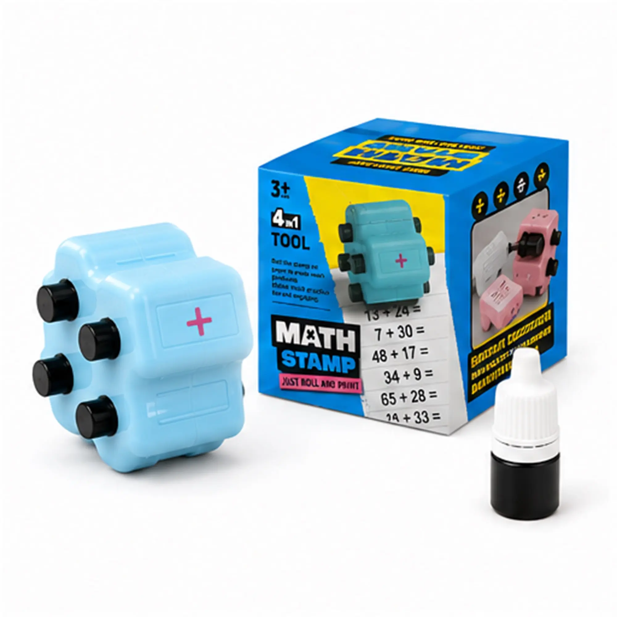 4-in-1 Math Roller Stamp, Addition, Subtraction, Multiplication & Division Practice Tool for Kids, Classroom & Home Use