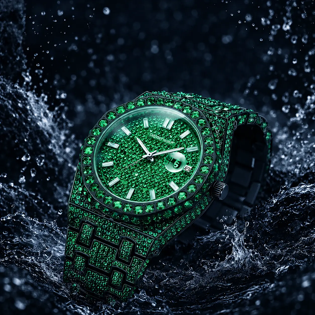 Men's Hip Hop Bustdown Iced Out Analog-Digital Quartz Watch - 42mm Masculine Design, Green Bling Dial, Durable Alloy Case, Black Steel Clasp Strap, Mineral Glass, 30M - 50M Waterproof, Hip-Hop Fashion Everyday Wear Watch, Hip-Hop Fashion Men's Watches