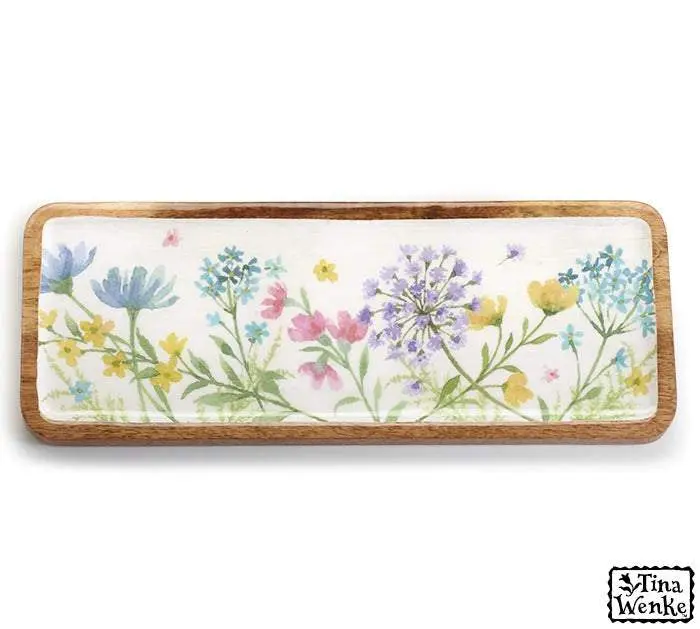 Floral Wooden Decorative Serving Tray Blooming Delight