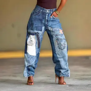 2025Jeans Women Wide Leg Pants Patch Distressed Patchwork Washed Mid Waist Pockets Female Vintage Streetwear Trousers Denims