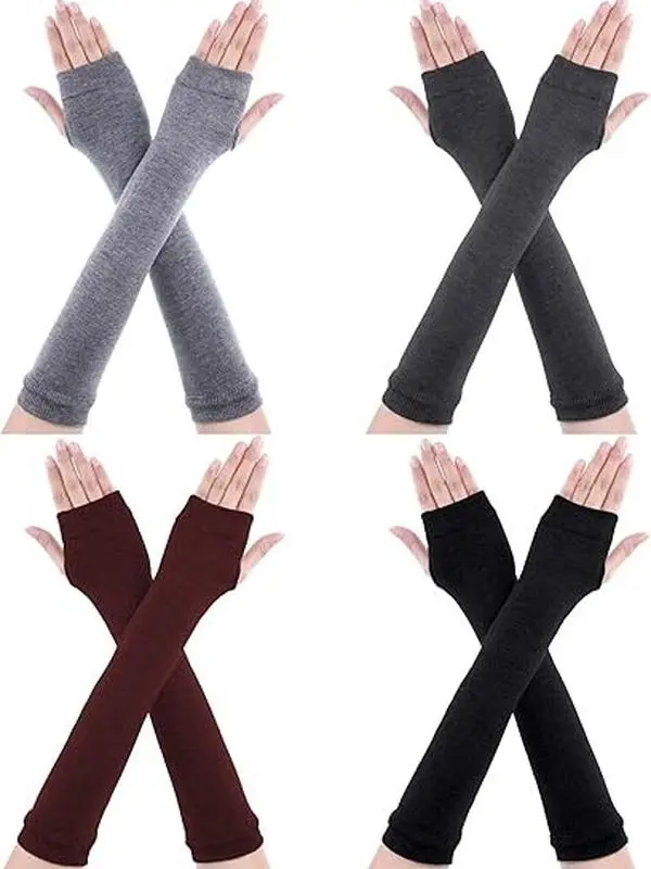 4-Pair Long Arm Sleeves with Thumb Hole – Fingerless Gloves for Women, Punk Arm Warmers Elbow Length Gloves for Adults – Stretchy Fishnet or Knit Gloves for Cosplay, Parties, Concerts, and Everyday Fashion – Stylish Arm Accessories for All Seasons