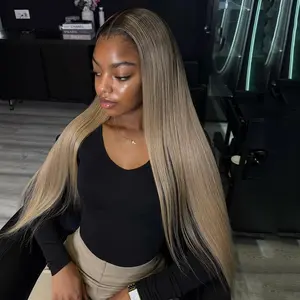 Ash Grey Blonde with Dark Brown Roots Straight Human Hair Wigs 180% Density 13x4 Lace Frontal Real Human Hair Wigs with Baby Hair for Women