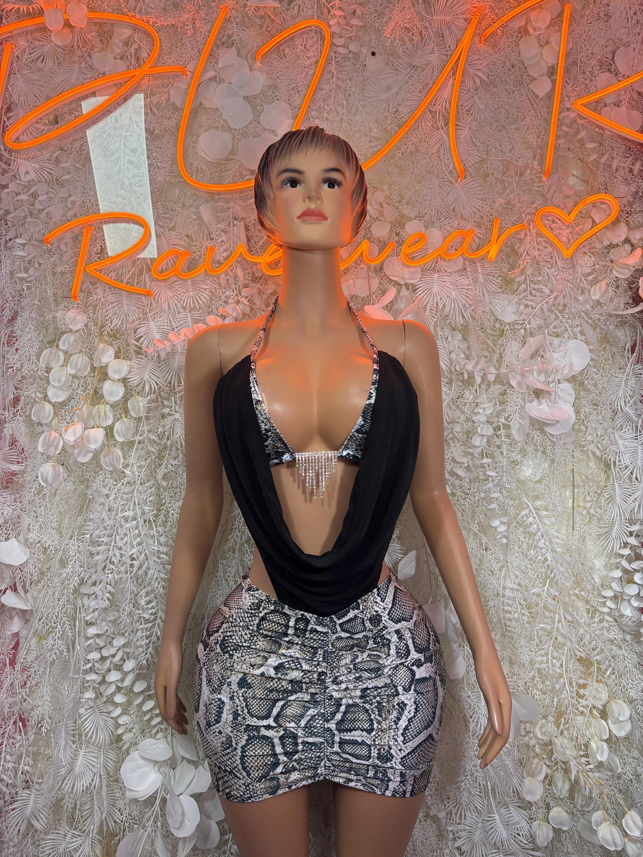Black Cowl Neck Rhinestone Fringe Top Ruched Snake Print Mini Skirt Set Rave Clubwear