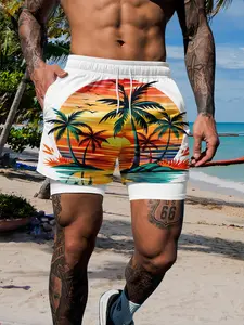 New 2026 Men's Sunset Coconut Tree Print Beach Pants, Swim Shorts, Dual-Layer Lining, Slim-Fit Drawstring Waist, Casual Style