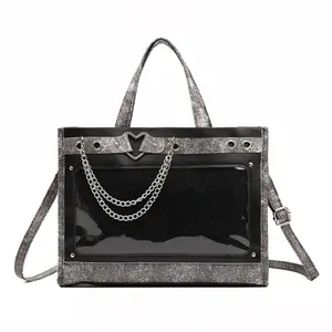 RIVERICH Gothic Punk Ita Tote Bag - Denim & PU Clear Window Shoulder Crossbody with Heart Chain Accents | Detachable Strap, Dual Top Handles, Mesh Panel Design Perfect for Anime Pins, Badge & Plush Display, Anime Cons