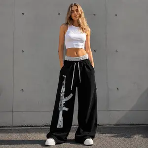 Double Waist AK Sweats Baggy Sweatpants, Streetwear Pants Double Waistband Sweatpants, Gun Print Pants