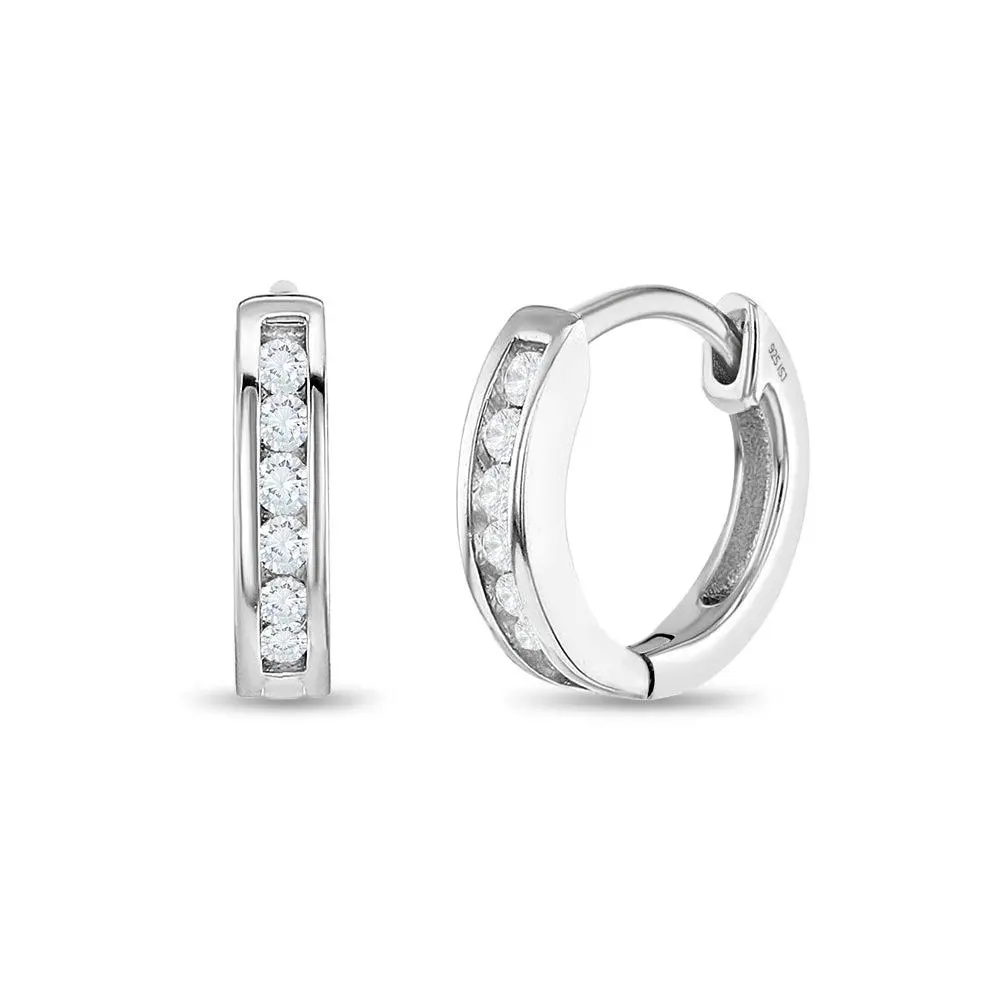 Channel Set Cubic Zirconia 9mm Earrings Hoop/Huggie Safety Latch - Sterling Silver