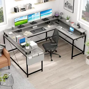 U Shaped Home Office Desk, Reversible L Shaped Gaming Computer Desk With Power Outlets,126 Inch Computer Desk With Monitor Stand and LED Lights,Storage Shelves,Storage Bag and Hooks（Grey Oak）