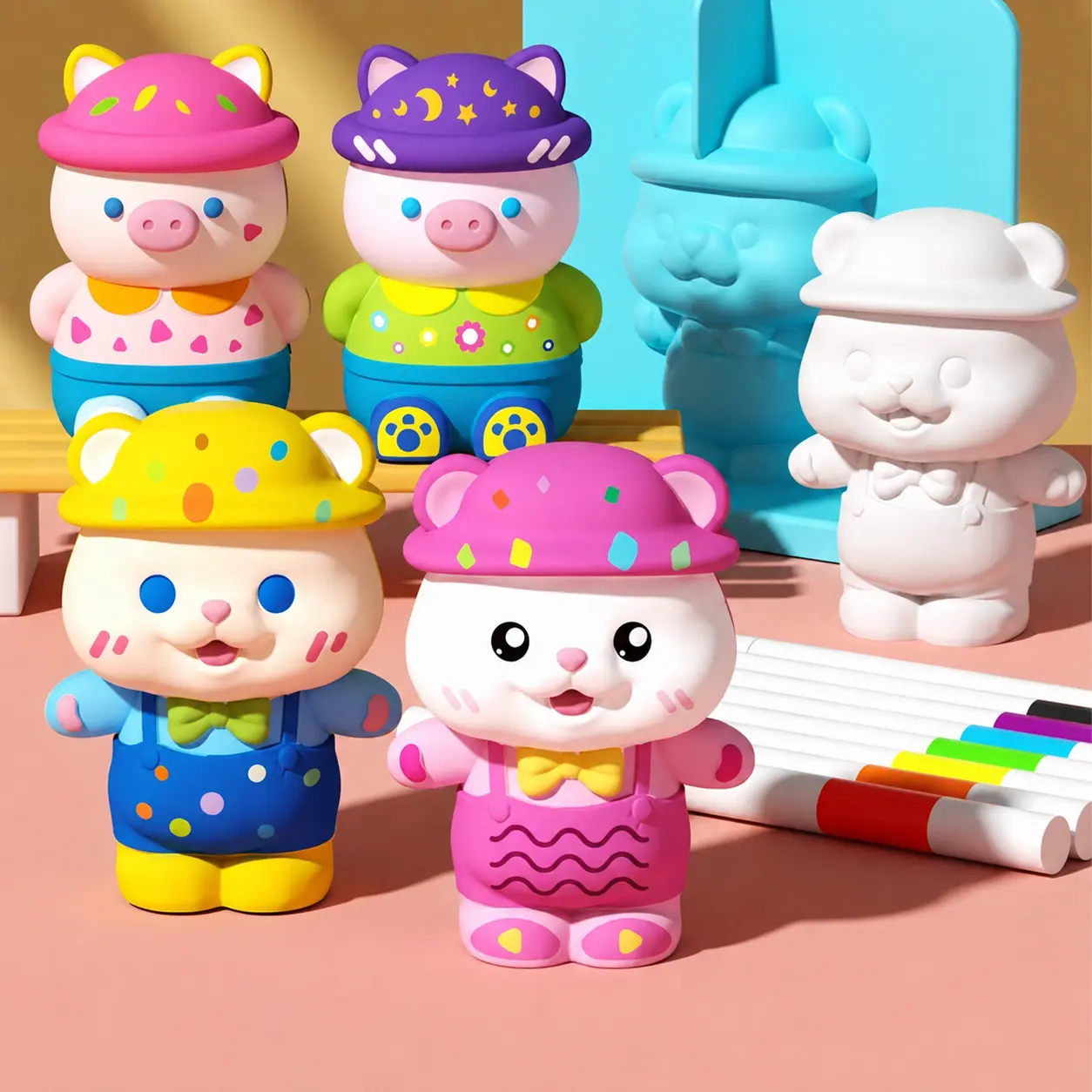 Paint Your Own Plaster Figurines Kit with Craft Markers, 6 DIY Animal Plaster Mold Dolls for Kids, Coloring Art Creative Arts & Crafts Toy, Kids Holiday Birthday Party Activity Gift