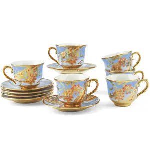 100 ml Floral Tea Cups and Saucers Set of 6, Porcelain Vintage Floral Tea Set for Espresso, Coffee, Mocha, Cappuccino, Women Afternoon Tea Party, Christmas Gift,Birthday Gift (Blue)