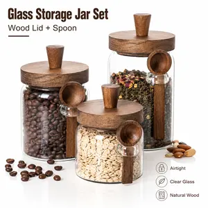 Wooden Lidded Glass Sugar Storage Jars- Wood Lid Glass Storage Jar Set with Spoon – Airtight Coffee Bean & Kitchen Organizer Canisters