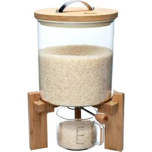 Rice Dispenser, Rice Storage Container, Flour and Cereal Container for Kitchen Organization and Pantry Store, Glass Cereal dispenser with Airtight Lid and Wooden Stand 5L