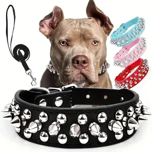 Don't Let Other Dogs Bite Your Pup 🛡️   Thick Padded Spiked Dog Collar & Leash Set |   Heavy Duty PU Leather for Medium & Large Breeds