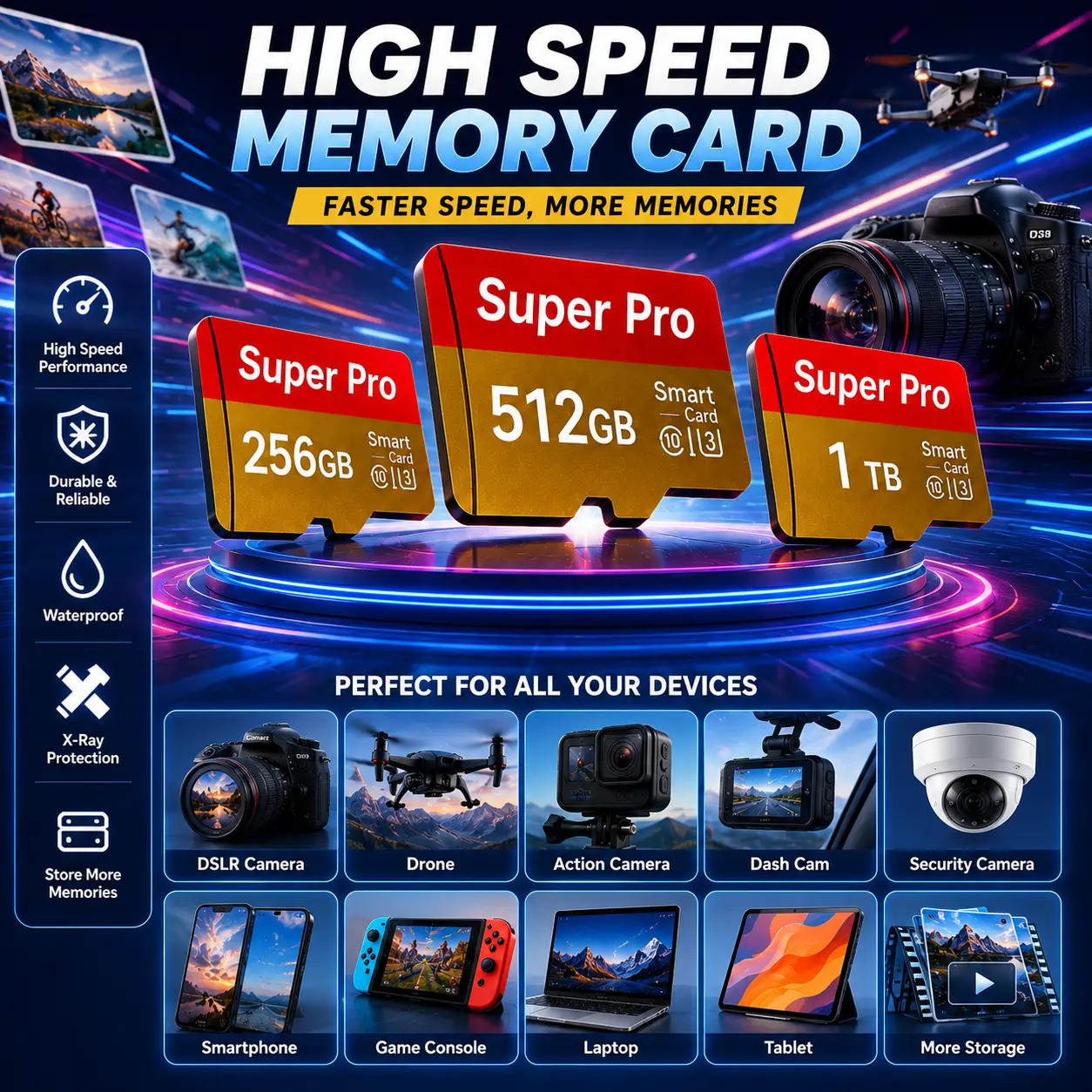 High-Capacity Flash Memory Card with Adapter – 256GB, 512GB, 1TB Options, Universal Memory Expansion for Cameras, Phones & Other Devices, Ideal for Holiday & Festive Gifts