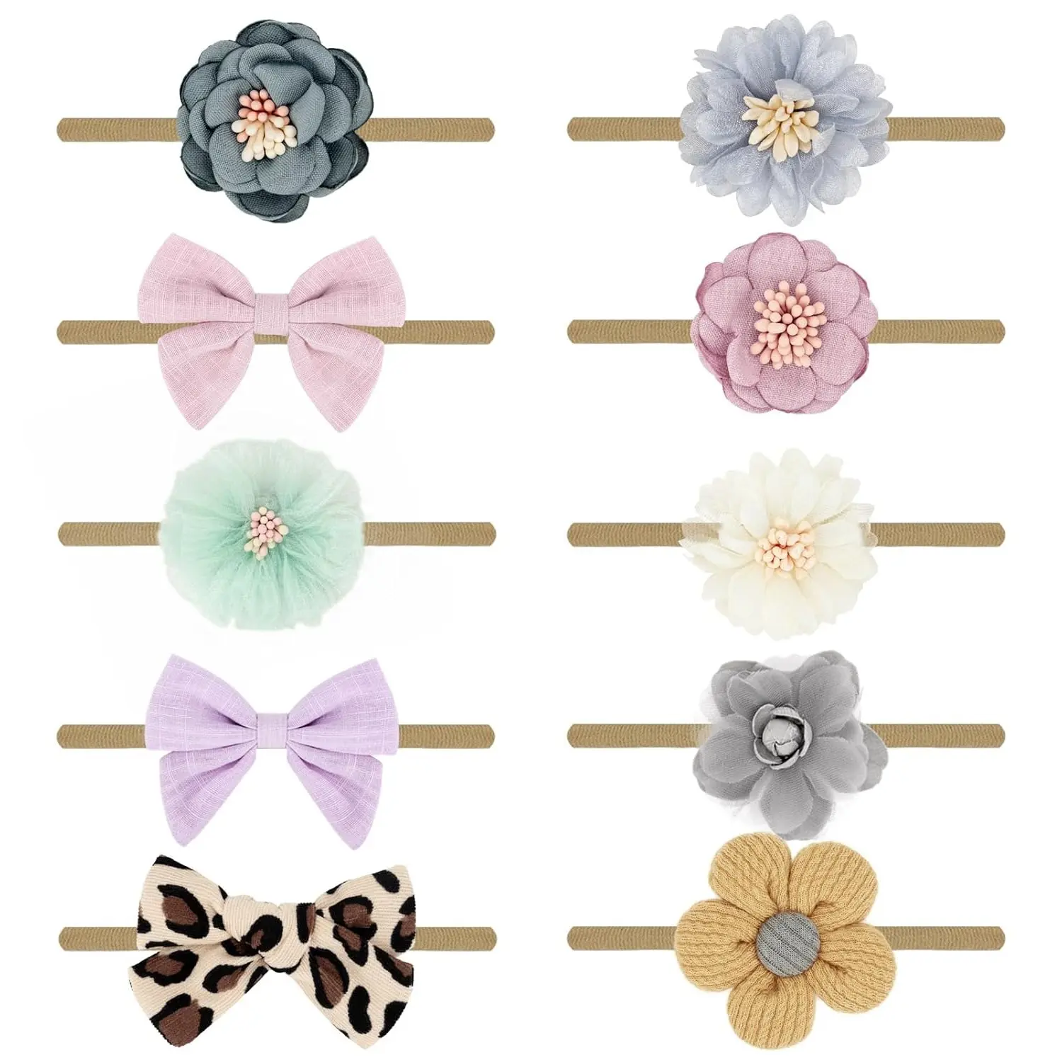 10-Pack Kids' Floral Lattice Bow Graphic Headbands - Cute Soft Nylon, Handmade, One Size, Glueless Design, No Marks on Head, Baby Girl Hair Accessories for Newborn-Toddler Pageants