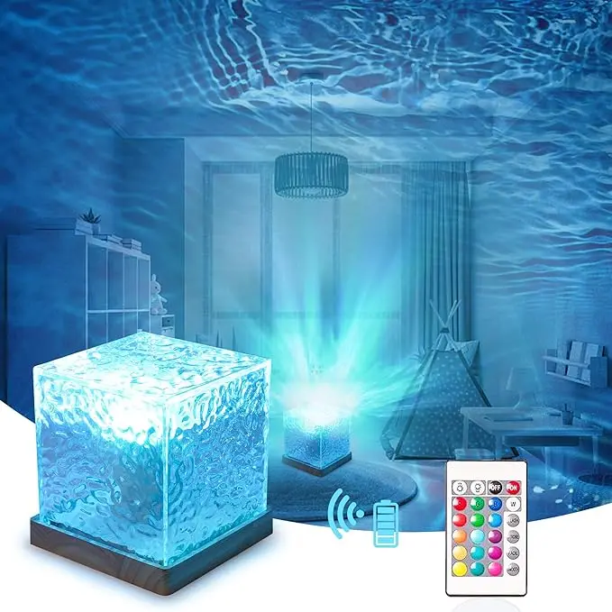 Northern Lights Ocean Wave Projector Light, 16 Colors Gradual Rotating Flame Water Lamp, Wave Night Light with Remote Control for Office Bar Restaurant Underwater Projector Light (Wood)