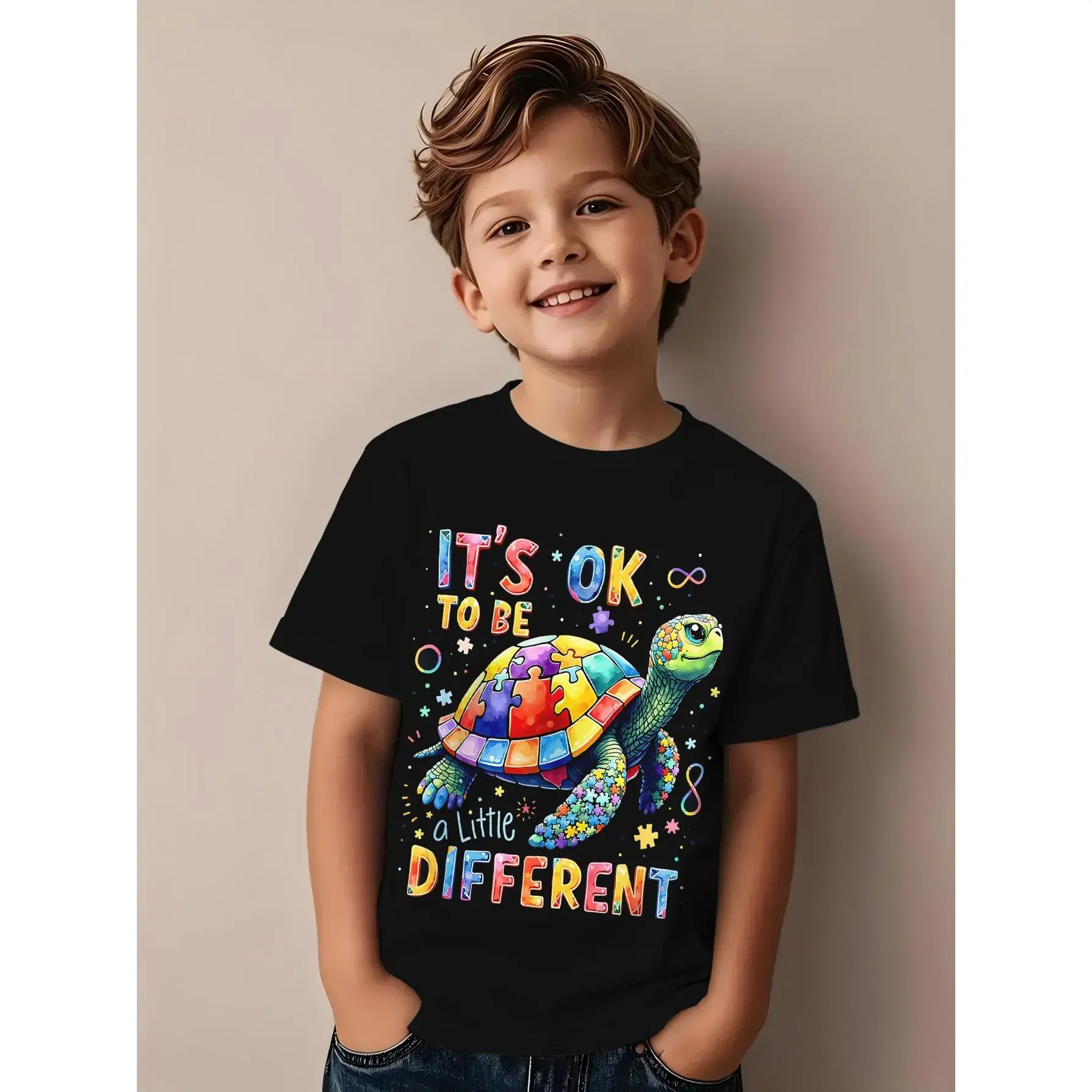 Boys' Autism Awareness 100% Cotton T-Shirt - "It's Okay To Be Different", Sensory-Friendly, Puzzle & Rainbow Color, Colorful Turtle Print, Crew Neck, Medium Stretch, Ideal for Casual & Festive Occasions, Puzzle Print, Boys Clothing, Short Sleeve, Clothes