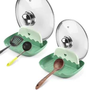 Spoon and Lid Rest, 2 Pack Heat-Resistant Utensil Holder for Countertop and Stove Top, Spoon Rest with Drip Tray for Spoons, Spatulas and Pot Lids (Green)