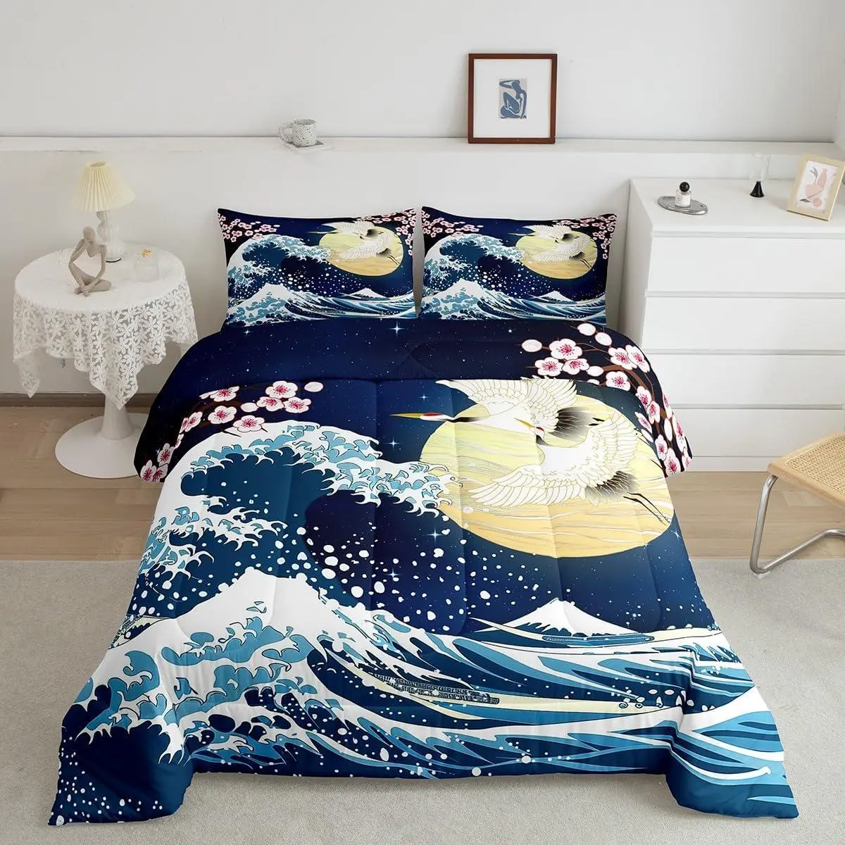 Japanese Wave Comforter Set Cherry Blossoms Comforter Hokusai Pattern Home Decor Bedding Set Japanese Style Duvet Set