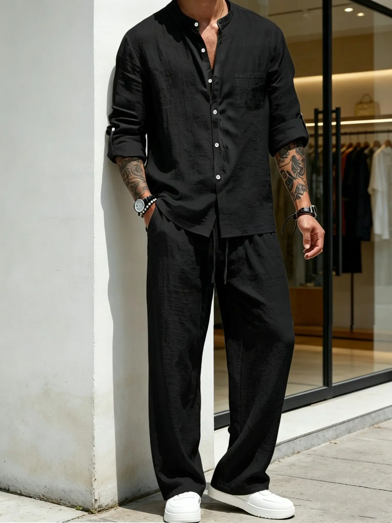 Men's Linen Stand Collar Long Sleeve Button Shirt and Tie Waist Pants Set, Lightweight Business Casual Formal Resort Style, Essential Men's Wardrobe
