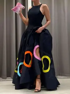 Women's Colorblock Cut Out Round Neck A Line Dress, Elegant Sleeveless Maxi Dress for Party Evening Formal Occasions, Ladies' Clothes for Spring & Fall, Evening Party Dresses