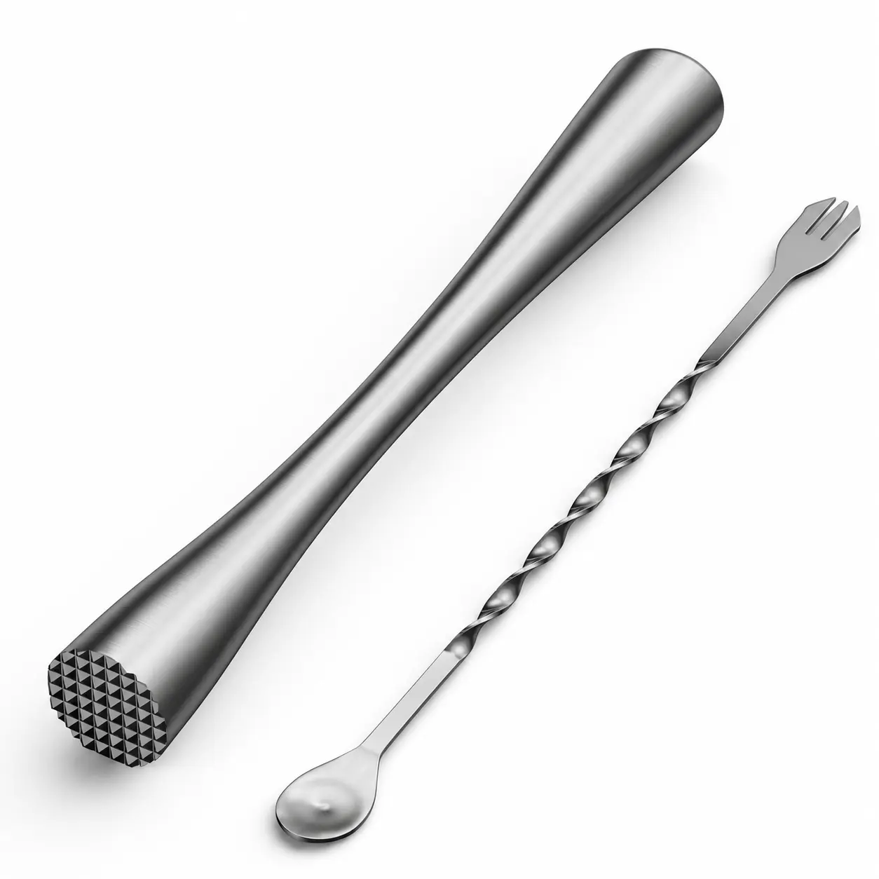 10 Inch Stainless Steel Cocktail Muddler & Mixing Spoon Set, Bar Tool Kit with Trident Fork Swizzle Spoon for Mojitos, Cocktails, Mint, Fruit & Herbs