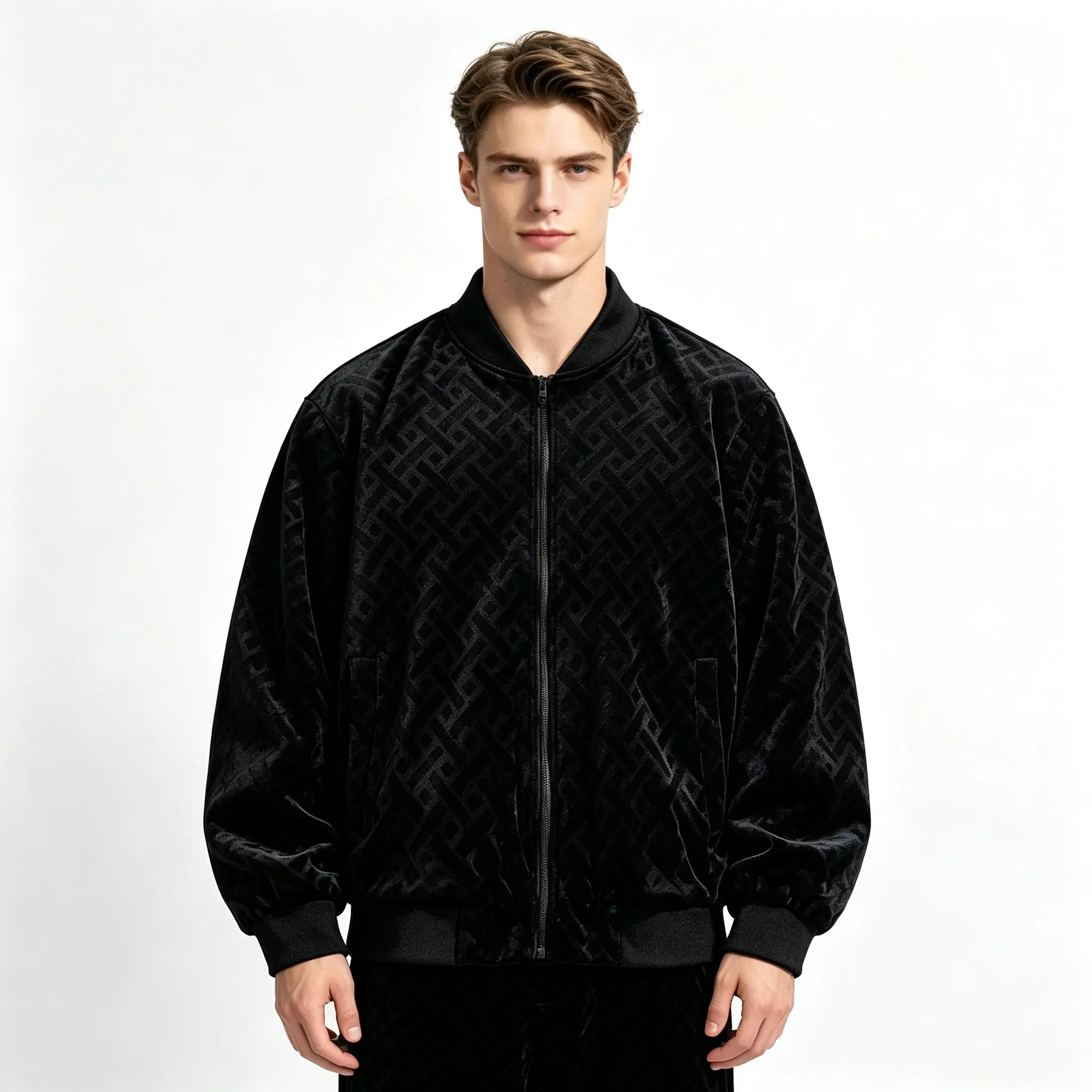 Soft velvet texture, black aviator jacket with geometric embossing, stand collar with ribbed detailing, front zipper closure, relaxed fit, windproof casual collegiate men’s outerwear, high-end trendy fashion jacket