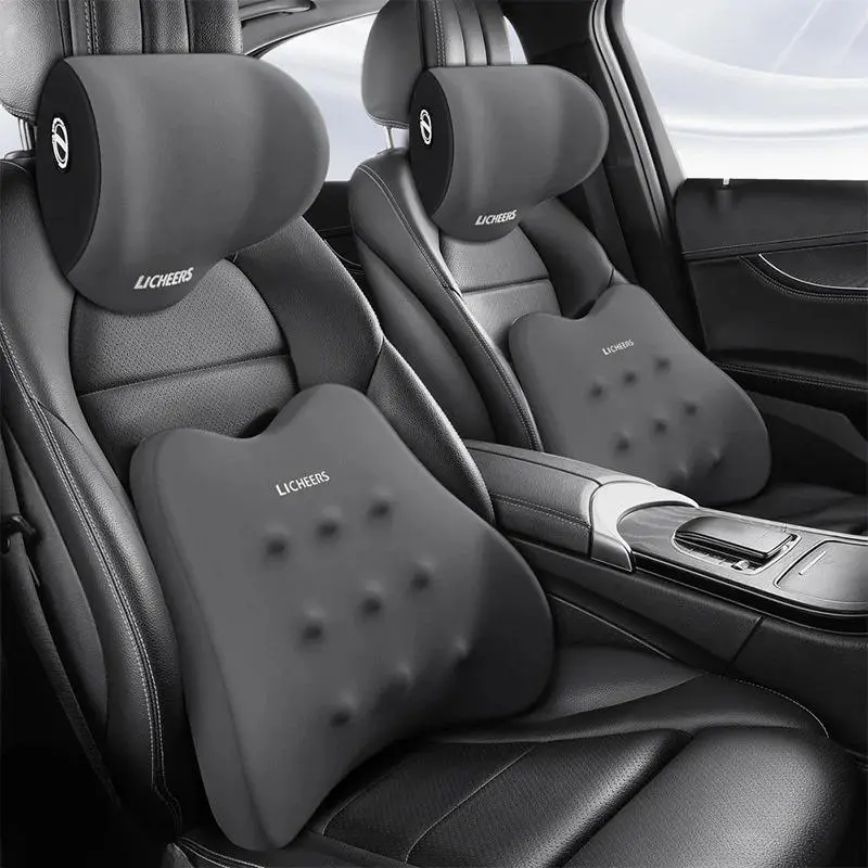 Ergonomic Memory Foam Car Waist Support & Head Pillow Set, Breathable Back Pad, Neck Support Pillow Suitable for Most Vehicles, Adjustable Headrests, Car Accessories