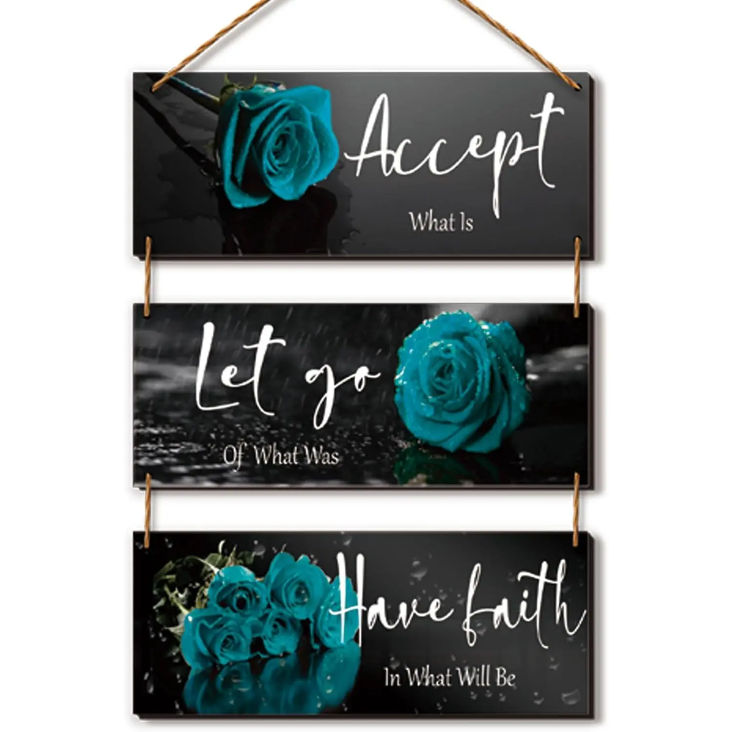 3 count Wooden Teal Flower Wall Art - Teal Rose Wall Decor With Inspirational Quotes - For Women, Office, Living Room, Bedroom (10 x 4 Inch)