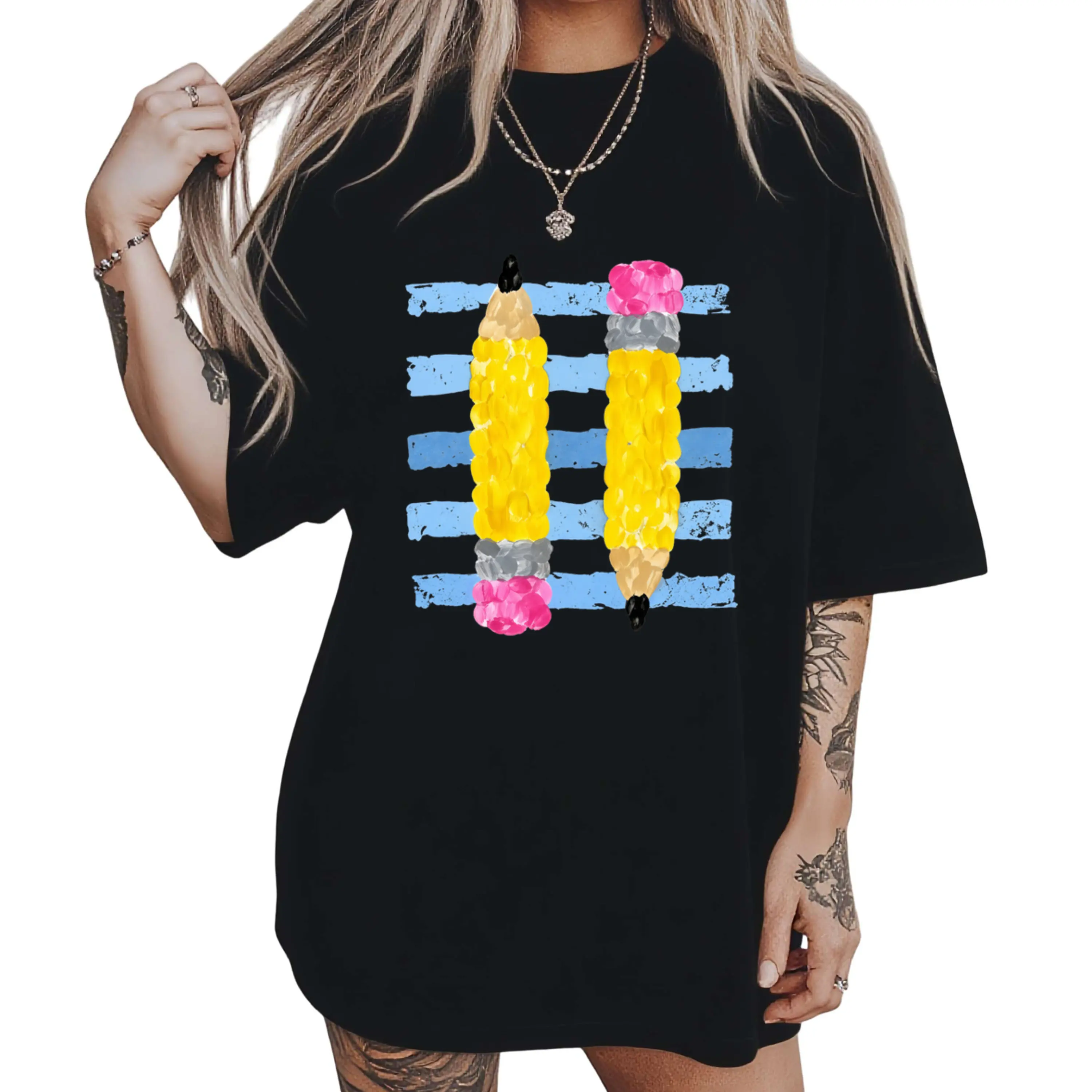 Women's Cotton Printed Short-Sleeve T-Shirt - Cute Teacher School Theme Graphic Tee, Retro Art Class Pencil Top, Preppy Aesthetic Casual Oversized Back to School Apparel