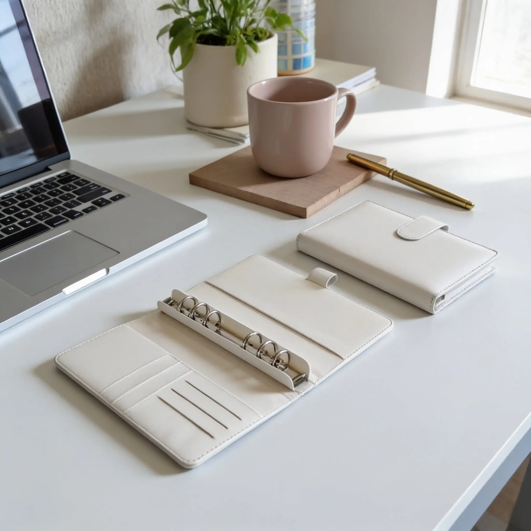 White A6 Leather Binder - Portable Planner with Pen Loop & Magnetic Closure