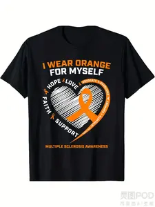 I Wear Orange Self-Multiple Sclerosis Cognition MS Soldier Comfortable T-Shirt All Season, Retro Style, Round Neck, Micro-elastic Fabric, Regular Version, Perfect for Adults, Pattern Printing, Suitable for Daily Outdoor