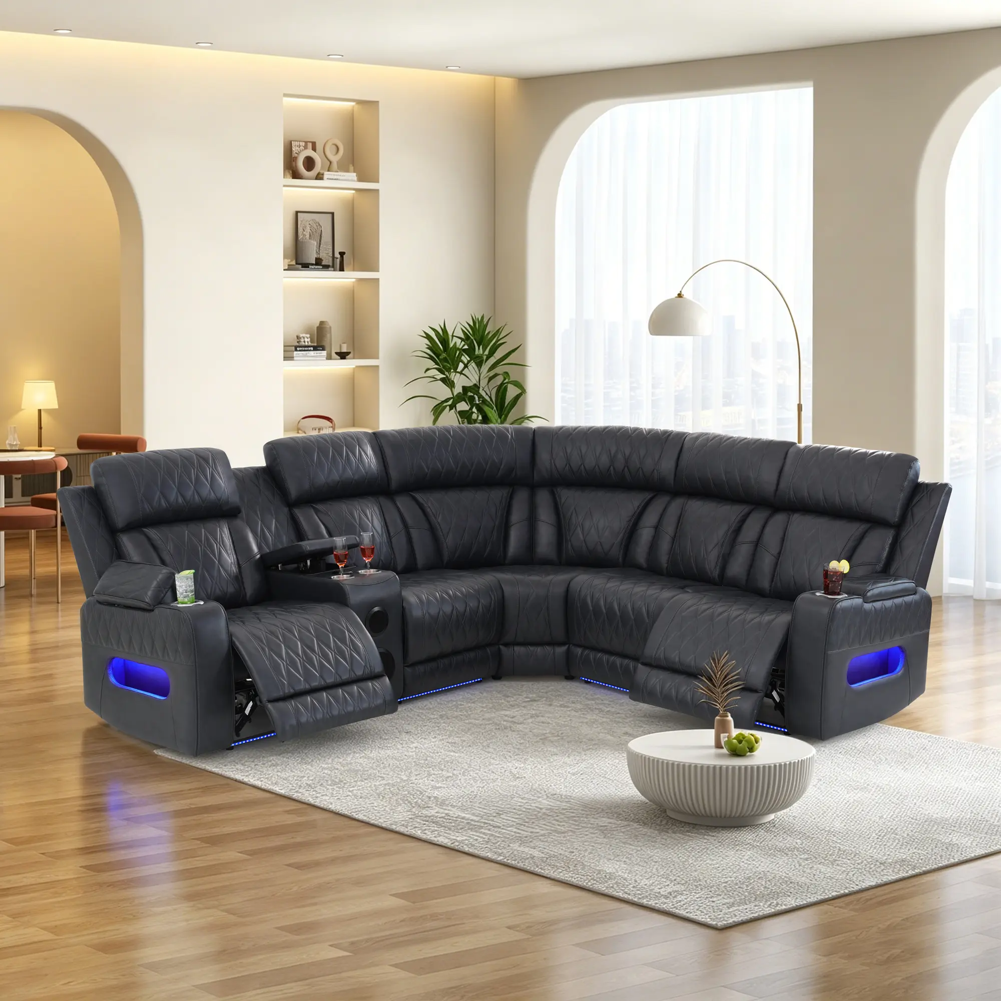 Luxury Black Leather Sectional Sofa with LED Lighting and USB Ports for Modern Living Room Comfort