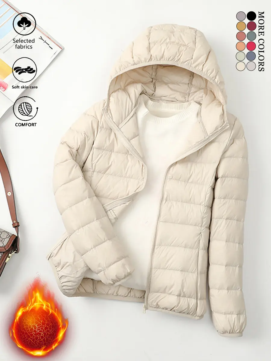 LIFE KEEPS MOVING women’s solid-color lightweight hooded down jacket for autumn/winter—casual, versatile layering outerwear; windproof women’s top for fall, new arrival