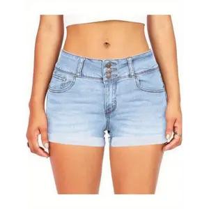 Women's High-Waisted Stretch Denim Shorts - Light Wash to Mid-Thigh Length, Folded Hem with Button Details, Slash Pockets, Casual Summer Jean Shorts, High Waisted Shorts