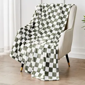 Checkered Blanket Flannel Throw Blankets Soft Cozy Checkered Grid Print Chessboard Gingham Pattern Throws for Bed Sofa Couch for All Seasons, 50x60 Inch, Dark Olive
