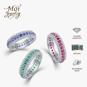 Luxury Lab-Grown Ruby/Emerald/Sapphire Gemstones & Synthetic Moissanite Multi-Row Ring – S925 Sterling Silver Hypoallergenic Ring Jewelry for Women, Perfect party Gift and Everyday Wear Sterling Silver Band